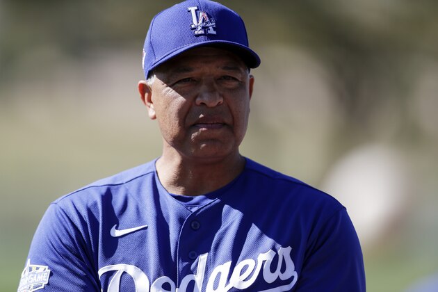 Los Angeles Dodgers manager Dave Roberts during spring training baseball Friday, Feb. 14, 2020, in Phoenix. (AP Photo/Gregory Bull)