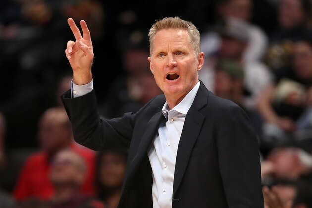 DENVER, COLORADO - MARCH 03: Head coach Steve Kerr of the Golden State Warriors works the sidelines against the Denver Nuggets in the fourth quarter at the Pepsi Center on March 03, 2020 in Denver, Colorado. NOTE TO USER: User expressly acknowledges and agrees that, by downloading and or using this photograph, User is consenting to the terms and conditions of the Getty Images License Agreement. ( (Photo by Matthew Stockman/Getty Images)