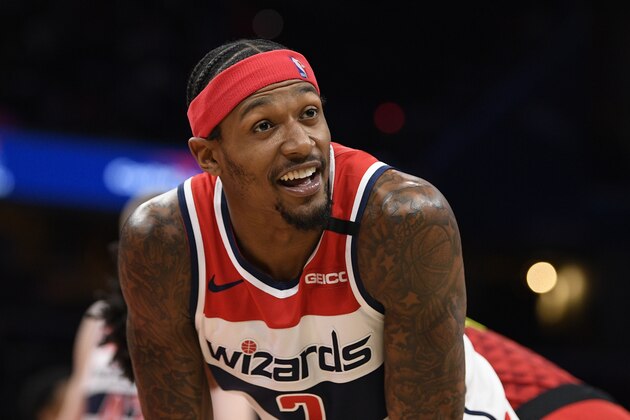 Washington Wizards guard Bradley Beal (3) stands on the court during the second half of an NBA basketball game against the Atlanta Hawks, Friday, March 6, 2020, in Washington. The Wizards won 118-112. (AP Photo/Nick Wass)