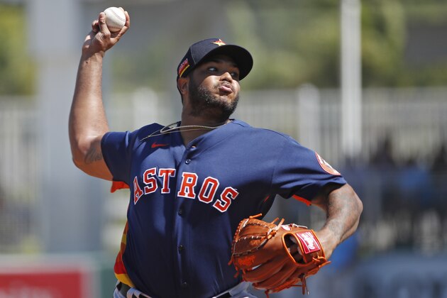 Houston Astros pitcher Josh James delivers to the Boston Red Sox during a spring training baseball game, Thursday, March 5, 2020, in Fort Myers, Fla. (AP Photo/Elise Amendola) Houston Astros pitcher Josh James delivers to the Boston Red Sox during a spring training baseball game, Thursday, March 5, 2020, in Fort Myers, Fla. (AP Photo/Elise Amendola)