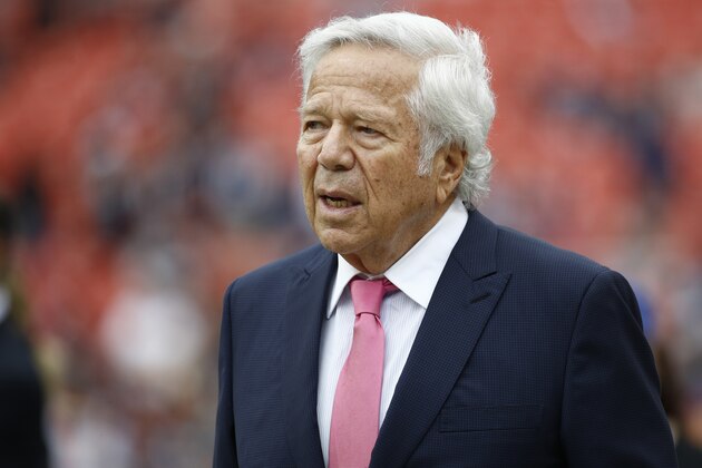 New England Patriots owner Robert Kraft walks the turf ahead of an NFL football game between the Washington Redskins and the New England Patriots, Sunday, Oct. 6, 2019, in Landover, Md. (AP Photo/Patrick Semansky)