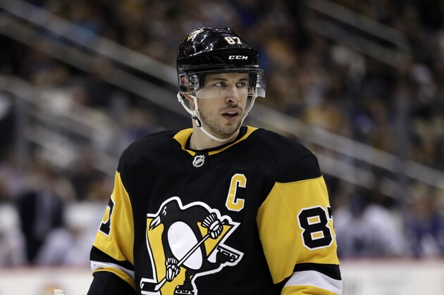 Pittsburgh Penguins' Sidney Crosby prepares for a face-off during the second period of the team's NHL hockey game against the Toronto Maple Leafs in Pittsburgh, Tuesday, Feb. 18, 2020. (AP Photo/Gene J. Puskar)