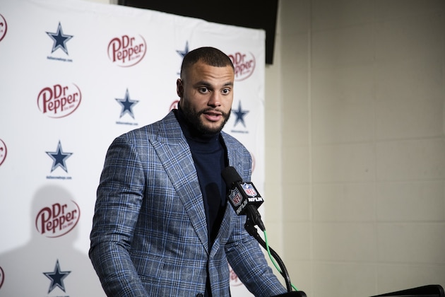 Dallas Cowboys quarterback Dak Prescott speaks with members of the media after an NFL football game against the Philadelphia Eagles Sunday, Dec. 22, 2019, in Philadelphia. The Eagles won 17-9. (AP Photo/Chris Szagola)