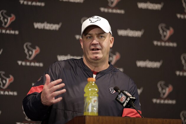 Houston Texans head coach Bill O'Brien answers a question during a news conference after an NFL wild-card playoff football game against the Buffalo Bills Saturday, Jan. 4, 2020, in Houston. The Texans won 22-19 in overtime.(AP Photo/Michael Wyke)