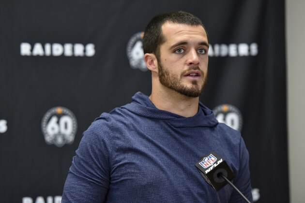 Oakland Raiders quarterback Derek Carr speaks during a news conference following an NFL football game between the Kansas City Chiefs and the Oakland Raiders, in Kansas City, Mo., Sunday, Dec. 1, 2019. The Kansas City Chiefs won 40-9. (AP Photo/Ed Zurga)