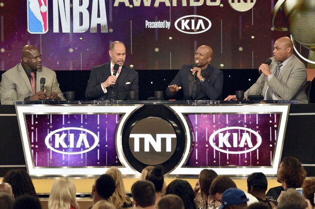 Shaquille O'Neal, from left, Ernie Johnson, Kenny Smith and Charles Barkley speak at the NBA Awards on Monday, June 25, 2018, at the Barker Hangar in Santa Monica, Calif. (Photo by Chris Pizzello/Invision/AP)