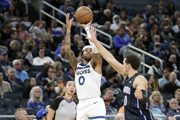 Minnesota Timberwolves guard D'Angelo Russell (0) takes a shot over Orlando Magic forward Aaron Gordon, right, during the first half of an NBA basketball game, Friday, Feb. 28, 2020, in Orlando, Fla. (AP Photo/John Raoux)