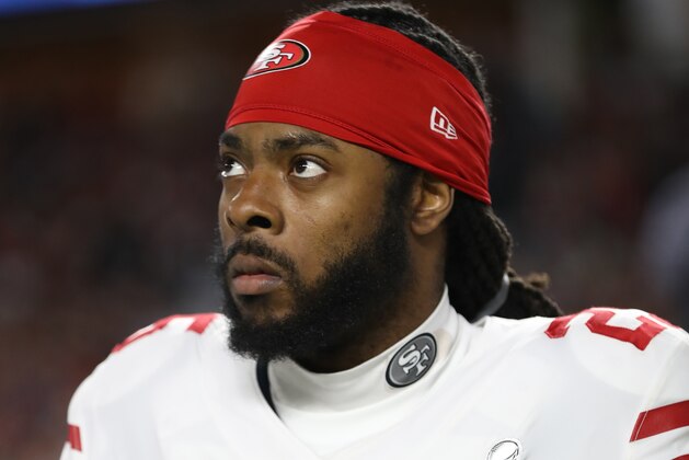MIAMI, FLORIDA - FEBRUARY 2: Richard Sherman #25 of the San Francisco 49ers stands on the sideline before the game against the Kansas City Chiefs in Super Bowl LIV at Hard Rock Stadium on February 2, 2020 in Miami, Florida. The Chiefs defeated the 49ers 31-20. (Photo by Michael Zagaris/San Francisco 49ers/Getty Images)