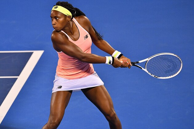 DELRAY BEACH, FLORIDA - FEBRUARY 15: Coco Gauff in action against Estela Perez-Somarriba during the Delray Beach Open Exhibition at the Delray Beach Stadium & Tennis Center on February 15, 2020 in Delray Beach, Florida. (Photo by Mark Brown/Getty Images) DELRAY BEACH, FLORIDA - FEBRUARY 15: Coco Gauff in action against Estela Perez-Somarriba during the Delray Beach Open Exhibition at the Delray Beach Stadium & Tennis Center on February 15, 2020 in Delray Beach, Florida. (Photo by Mark Brown/Getty Images)