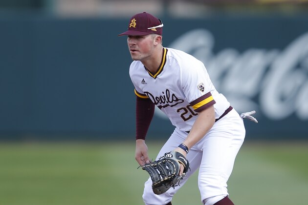Arizona State first baseman Spencer Torkelson during an NCAA college baseball game against Notre Dame, Sunday, Feb. 17, 2019, in Phoenix. (AP Photo/Rick Scuteri)