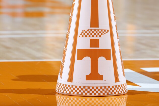 KNOXVILLE, TN - FEBRUARY 21: Detailed view of the Tennessee Volunteers logo which is seen on a cheerleader megaphone during a game against the Florida Gators at Thompson-Boling Arena on February 21, 2018 in Knoxville, Tennessee. Tennessee won 62-57. (Photo by Joe Robbins/Getty Images) *** Local Caption *** KNOXVILLE, TN - FEBRUARY 21: Detailed view of the Tennessee Volunteers logo which is seen on a cheerleader megaphone during a game against the Florida Gators at Thompson-Boling Arena on February 21, 2018 in Knoxville, Tennessee. Tennessee won 62-57. (Photo by Joe Robbins/Getty Images) *** Local Caption ***
