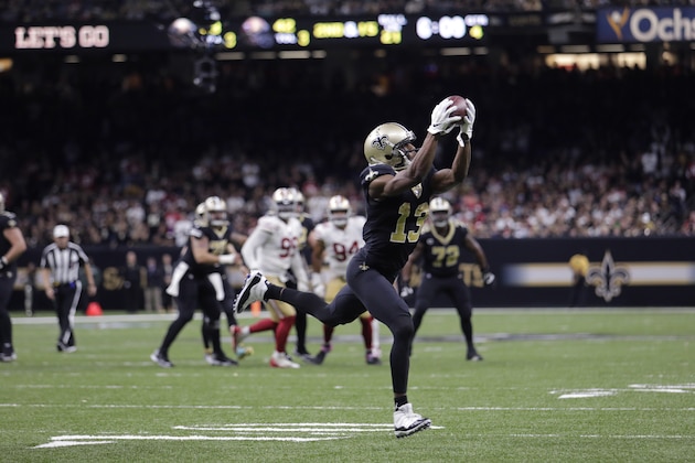 New Orleans Saints wide receiver Michael Thomas (13) pulls in a touchdown reception in the second half an NFL football game against the San Francisco 49ers in New Orleans, Sunday, Dec. 8, 2019. (AP Photo/Brett Duke) New Orleans Saints wide receiver Michael Thomas (13) pulls in a touchdown reception in the second half an NFL football game against the San Francisco 49ers in New Orleans, Sunday, Dec. 8, 2019. (AP Photo/Brett Duke)