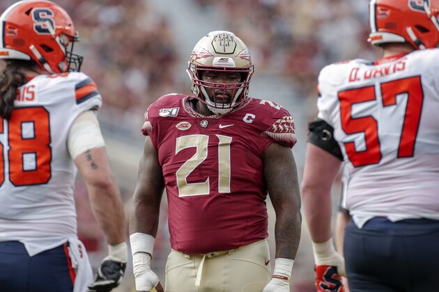 TALLAHASSEE, FL - OCTOBER 26: Defensive Tackle Marvin Wilson #21 of the Florida State Seminoles during the game against the Syracuse Orange at Doak Campbell Stadium on Bobby Bowden Field on October 26, 2019 in Tallahassee, Florida. The Seminoles defeated the Orange 35 to 17. (Photo by Don Juan Moore/Getty Images)