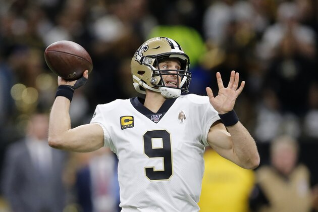 New Orleans Saints quarterback Drew Brees (9) passes in the first half of an NFL wild-card playoff football game against the Minnesota Vikings, Sunday, Jan. 5, 2020, in New Orleans. (AP Photo/Brett Duke)