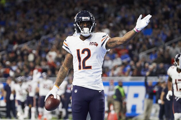 Chicago Bears wide receiver Allen Robinson (12) celebrates against the Detroit Lions during an NFL football game in Detroit, Thursday, Nov. 28, 2019. (AP Images/Rick Osentoski)