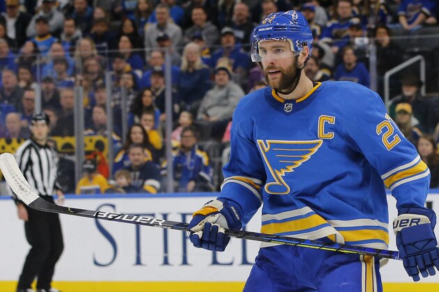 St. Louis Blues' Alex Pietrangelo is seen during an NHL hockey game against the Nashville Predators Saturday, Feb. 15, 2020, in St. Louis. (AP Photo/Billy Hurst)