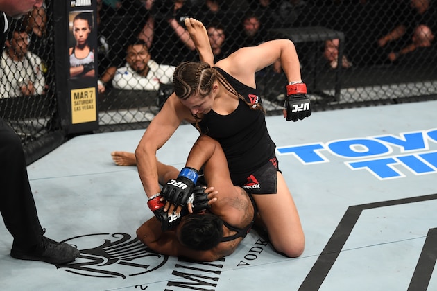 NORFOLK, VA - FEBRUARY 29:  (L-R) Felicia Spencer punches Zarah Fairn in their women's featherweight bout during the UFC Fight Night event at Chartway Arena on February 29, 2020 in Norfolk, Virginia. (Photo by Josh Hedges/Zuffa LLC via Getty Images)