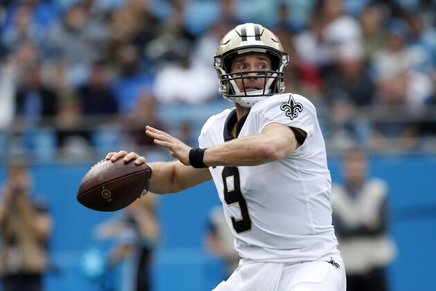 New Orleans Saints quarterback Drew Brees (9) passes against the Carolina Panthers during the first half of an NFL football game in Charlotte, N.C., Sunday, Dec. 29, 2019. (AP Photo/Brian Blanco) New Orleans Saints quarterback Drew Brees (9) passes against the Carolina Panthers during the first half of an NFL football game in Charlotte, N.C., Sunday, Dec. 29, 2019. (AP Photo/Brian Blanco)