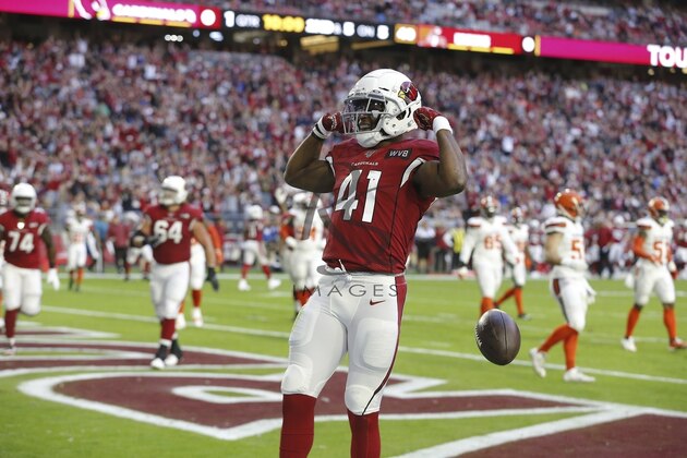 OUT OF CAMERA FILE REQUEST - Arizona Cardinals running back Kenyan Drake (41) celebrates his touchdown against the Cleveland Browns during the first half of an NFL football game, Sunday, Dec. 15, 2019, in Glendale, Ariz. (AP Photo/Rick Scuteri) OUT OF CAMERA FILE REQUEST - Arizona Cardinals running back Kenyan Drake (41) celebrates his touchdown against the Cleveland Browns during the first half of an NFL football game, Sunday, Dec. 15, 2019, in Glendale, Ariz. (AP Photo/Rick Scuteri)