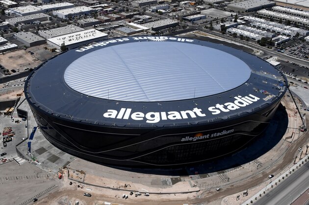 LAS VEGAS, NEVADA - MAY 21:  An aerial view shows construction continuing at Allegiant Stadium, the USD 2 billion, glass-domed home of the Las Vegas Raiders on May 21, 2020 in Las Vegas, Nevada. The Raiders are scheduled to play their first preseason game at the 65,000-seat facility on August 27 against the Arizona Cardinals.  (Photo by Ethan Miller/Getty Images)