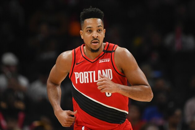 Portland Trail Blazers guard CJ McCollum is shown during an NBA basketball game against the Atlanta Hawks, Saturday, Feb. 29, 2020, in Atlanta. The Hawks won 129-117. (AP Photo/John Amis)