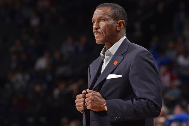 PHILADELPHIA, PA - MARCH 11: Dwane Casey of the Detroit Pistons looks on during the game on March 11, 2020 at the Wells Fargo Center in Philadelphia, Pennsylvania. NOTE TO USER: User expressly acknowledges and agrees that, by downloading and/or using this Photograph, user is consenting to the terms and conditions of the Getty Images License Agreement. Mandatory Copyright Notice: Copyright 2020 NBAE (Photo by David Dow/NBAE via Getty Images)