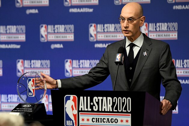 CHICAGO, ILLINOIS - FEBRUARY 15: NBA Commissioner Adam Silver speaks to the media during a press conference at the United Center on February 15, 2020 in Chicago, Illinois. NOTE TO USER: User expressly acknowledges and agrees that, by downloading and or using this photograph, User is consenting to the terms and conditions of the Getty Images License Agreement. (Photo by Stacy Revere/Getty Images)