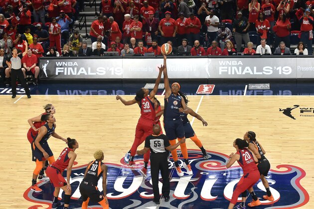 WASHINGTON, DC -  OCTOBER 10: The opening tip-off between LaToya Sanders #30 of the Washington Mystics and Jonquel Jones #35 of the Connecticut Sun during Game Five of the 2019 WNBA Finals on October 10, 2019 at St Elizabeths East Entertainment & Sports Arena in Washington, DC. NOTE TO USER: User expressly acknowledges and agrees that, by downloading and or using this Photograph, user is consenting to the terms and conditions of the Getty Images License Agreement. Mandatory Copyright Notice: Copyright 2019 NBAE (Photo by Rich Kessler/NBAE via Getty Images)