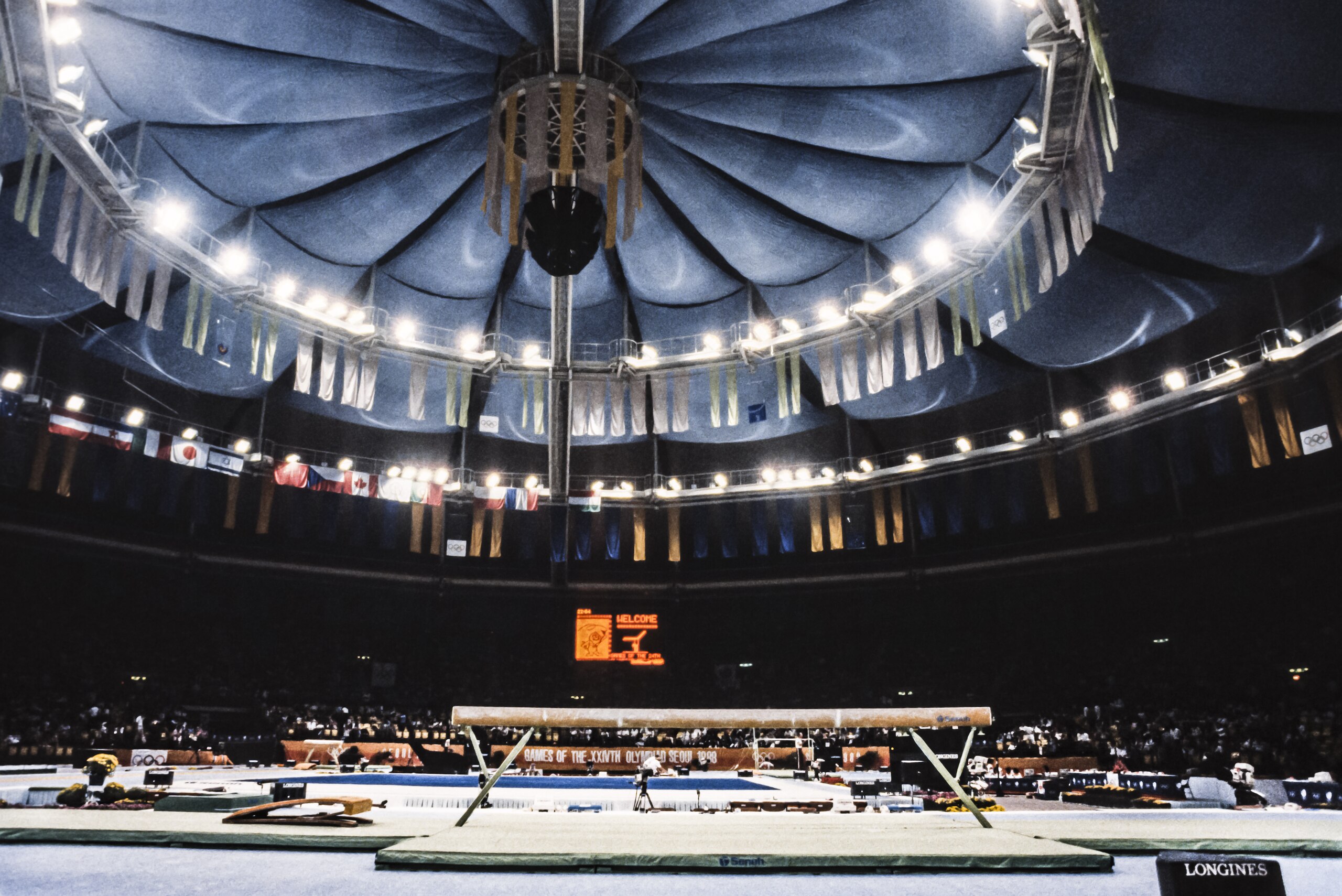 SEOUL, SOUTH KOREA -  SEPTEMBER 21:  A general view of the gymnastics venue including the balance beam at the Olympic Gymnastics Arena during the 1988 Olympic Games held in September 1988 in Seoul, South Korea.  (Photo by David Madison/Getty Images)