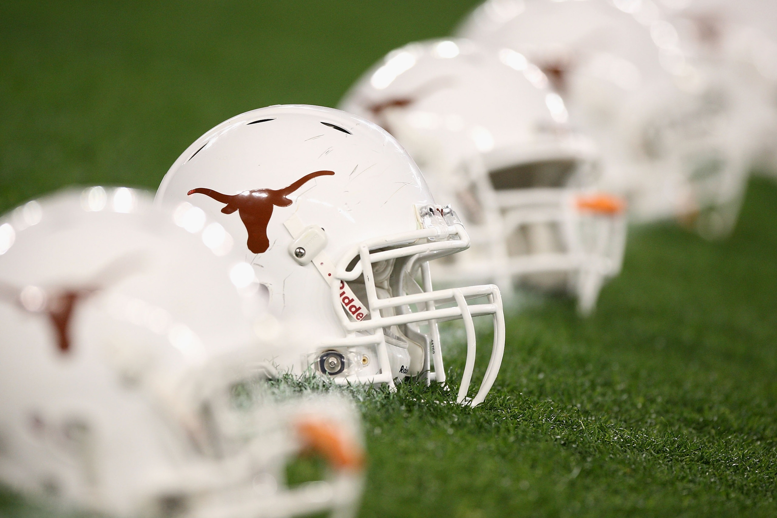 GLENDALE, AZ - JANUARY 05:  The Texas Longhorns helmets are arranged on the field before the Tostitos Fiesta Bowl Game against the Ohio State Buckeyes on January 5, 2009 at University of Phoenix Stadium in Glendale, Arizona.  (Photo by Jed Jacobsohn/Getty Images)
