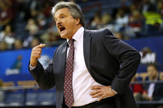 NEW ORLEANS, LA - MARCH 12: Head coach Danny Kaspar of the Texas State Bobcats reacts during the first half of a game against the Troy Trojans in the final round of the Sun Belt Basketball Tournament at UNO Lakefront Arena on March 12, 2017 in New Orleans, Louisiana. (Photo by Jonathan Bachman/Getty Images) NEW ORLEANS, LA - MARCH 12: Head coach Danny Kaspar of the Texas State Bobcats reacts during the first half of a game against the Troy Trojans in the final round of the Sun Belt Basketball Tournament at UNO Lakefront Arena on March 12, 2017 in New Orleans, Louisiana. (Photo by Jonathan Bachman/Getty Images)