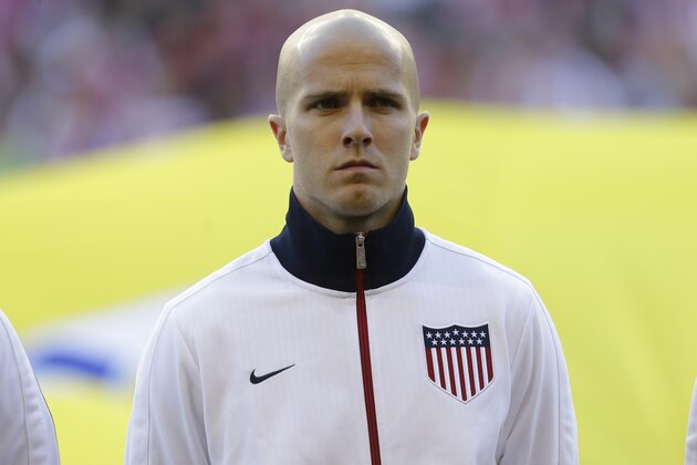 USA's Michael Bradley stands during player introductions before a World Cup qualifier soccer match against Panama, Tuesday, June 11, 2013, in Seattle. (AP Photo/Ted S. Warren)