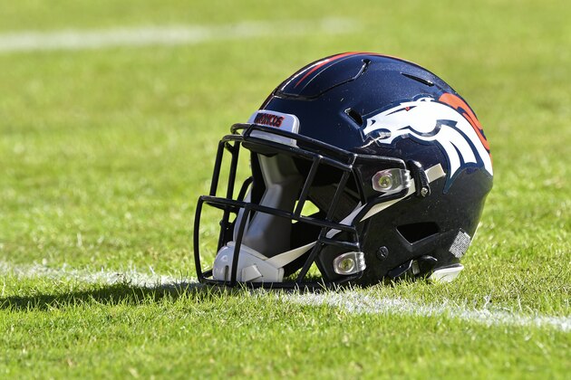 KANSAS CITY, MO - OCTOBER 28:  A general view of a  Denver Broncos helmet on the field prior to a game against the Kansas City Chiefs on October 28, 2018 at Arrowhead Stadium in Kansas City, Missouri.  (Photo by Peter G. Aiken/Getty Images)