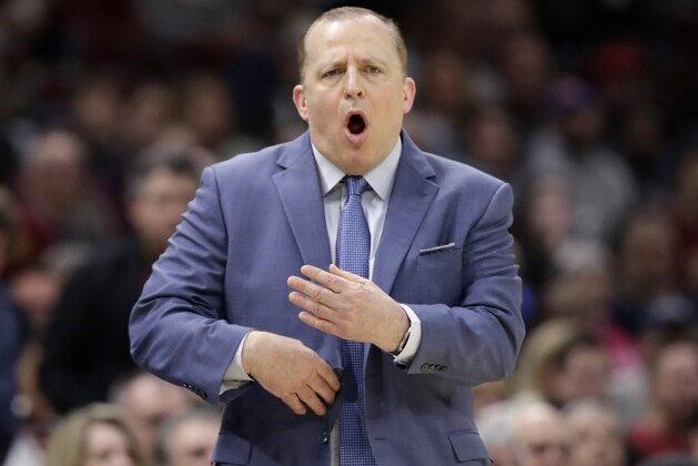 Minnesota Timberwolves head coach Tom Thibodeau yells instructions to players in the first half of an NBA basketball game against the Cleveland Cavaliers, Monday, Nov. 26, 2018, in Cleveland. (AP Photo/Tony Dejak)