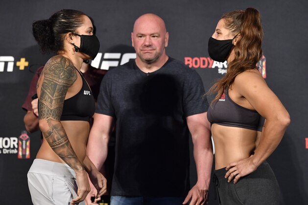 LAS VEGAS, NEVADA - JUNE 05: In this handout image provided by UFC, (L-R) Opponents Amanda Nunes of Brazil and Felicia Spencer of Canada face off during the UFC 250 weigh-in at UFC APEX on June 05, 2020 in Las Vegas, Nevada. (Photo by Jeff Bottari/Zuffa LLC via Getty Images)