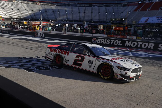 BRISTOL, TENNESSEE - MAY 31: Brad Keselowski, driver of the #2 Discount Tire Ford, cross the finish line to win the NASCAR Cup Series Food City presents the Supermarket Heroes 500 at Bristol Motor Speedway on May 31, 2020 in Bristol, Tennessee. (Photo by Kevin C. Cox/Getty Images) BRISTOL, TENNESSEE - MAY 31: Brad Keselowski, driver of the #2 Discount Tire Ford, cross the finish line to win the NASCAR Cup Series Food City presents the Supermarket Heroes 500 at Bristol Motor Speedway on May 31, 2020 in Bristol, Tennessee. (Photo by Kevin C. Cox/Getty Images)