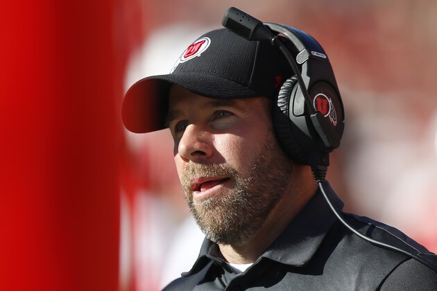 Utah defensive coordinator Morgan Scalley looks on in the second half of an NCAA college football game against Idaho State Saturday, Sept. 14, 2019, in Salt Lake City. (AP Photo/Rick Bowmer)