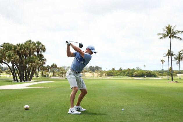 JUNO BEACH, FLORIDA - MAY 17: Rory McIlroy of the American Nurses Foundation team plays his shot from the first tee during the TaylorMade Driving Relief Supported By UnitedHealth Group on May 17, 2020 at Seminole Golf Club in Juno Beach, Florida. (Photo by Mike Ehrmann/Getty Images)