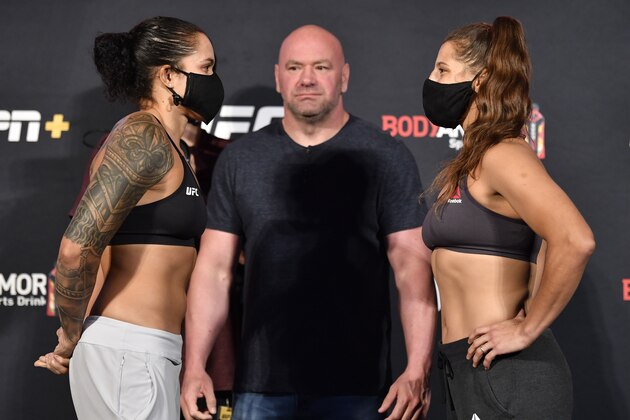 LAS VEGAS, NEVADA - JUNE 05: (L-R) Opponents Amanda Nunes of Brazil and Felicia Spencer of Canada face off during the UFC 250 weigh-in at UFC APEX on June 05, 2020 in Las Vegas, Nevada. (Photo by Jeff Bottari/Zuffa LLC)