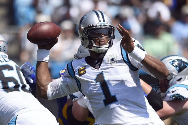 Carolina Panthers quarterback Cam Newton (1) looks to pass against the Los Angeles Rams during the first half an NFL football game in Charlotte, N.C., Sunday, Sept. 8, 2019. (AP Photo/Mike McCarn)