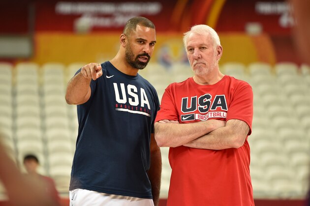 SHANGHAI, CHINA - SEPTEMBER 5: Assistant Coach Ime Udoka and Head Coach Gregg Popovich of USA talk during shootaround on September 5, 2019 at the Shanghai Oriental Sports Center in Shanghai, China. NOTE TO USER: User expressly acknowledges and agrees that, by downloading and/or using this photograph, user is consenting to the terms and conditions of the Getty Images License Agreement. Mandatory Copyright Notice: Copyright 2019 NBAE (Photo by David Dow/NBAE via Getty Images)