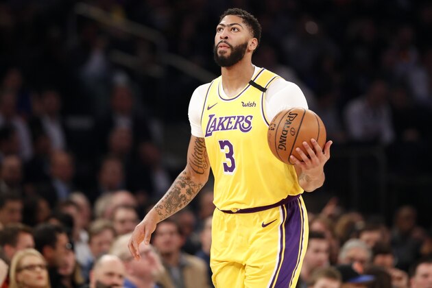 Los Angeles Lakers forward Anthony Davis (3) during the first half of an NBA basketball game in New York, Wednesday, Jan. 22, 2020. (AP Photo/Kathy Willens)