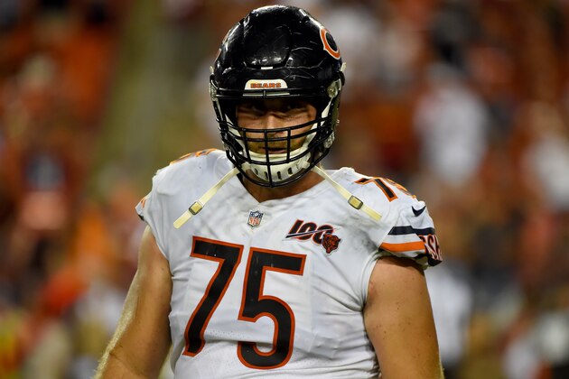 LANDOVER, MD - SEPTEMBER 23: Kyle Long #75 of the Chicago Bears looks on during the second half against the Washington Redskins at FedExField on September 23, 2019 in Landover, Maryland. (Photo by Will Newton/Getty Images)