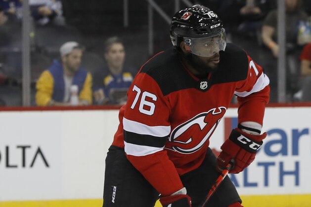 New Jersey Devils defenseman P.K. Subban looks to pass during the first period of an NHL hockey game against the St. Louis Blues, Friday, March 6, 2020, in Newark. (AP Photo/John Minchillo)