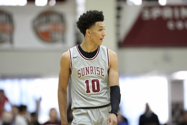Sunrise Christian Academy's Kendall Brown #10 is seen against Hillcrest Prep during a high school basketball game at the Hoophall Classic, Sunday, January 19, 2020, in Springfield, MA. (AP Photo/Gregory Payan)