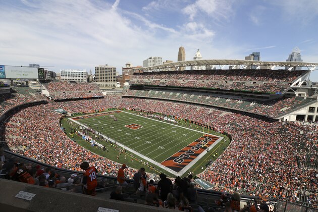Fans fill the stands during the first half an NFL football game between the Cincinnati Bengals and the San Francisco 49ers at Paul Brown Stadium, Sunday, Sept. 15, 2019, in Cincinnati. (AP Photo/Gary Landers)