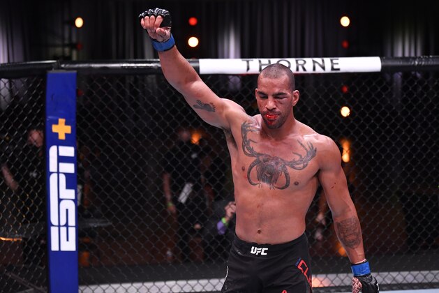LAS VEGAS, NEVADA - JUNE 06: Devin Clark reacts after the conclusion of his light heavyweight bout against Alonzo Menifield during the UFC 250 event at UFC APEX on June 06, 2020 in Las Vegas, Nevada. (Photo by Jeff Bottari/Zuffa LLC)
