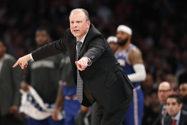New York Knicks head coach Mike Miller gestures to his players during the second half of an NBA basketball game against the Los Angeles Lakers in New York, Wednesday, Jan. 22, 2020. The Lakers defeated the Knicks 100-92. (AP Photo/Kathy Willens)