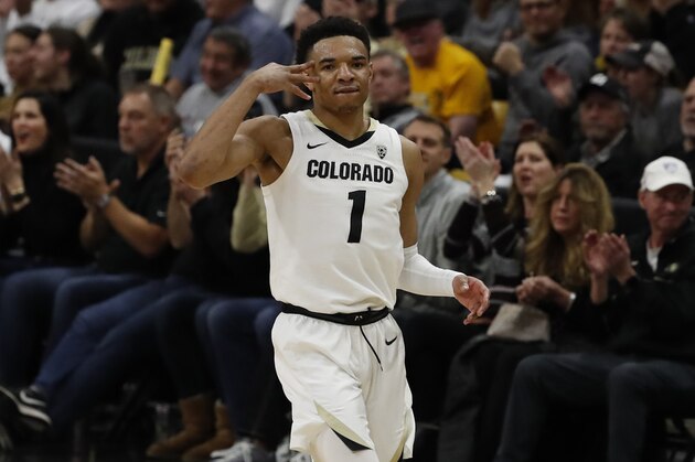 Colorado guard Tyler Bey (1) in the second half of an NCAA college basketball game Thursday, Feb. 6, 2020, in Boulder, Colo. Colorado won 71-65. (AP Photo/David Zalubowski)