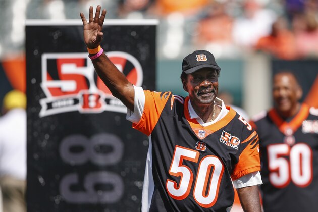 Former Cincinnati Bengals cornerback Ken Riley waves to the crowd during a halftime 50th anniversary ceremony of an NFL football game against the Baltimore Ravens, Sunday, Sept. 10, 2017, in Cincinnati. (AP Photo/Gary Landers)